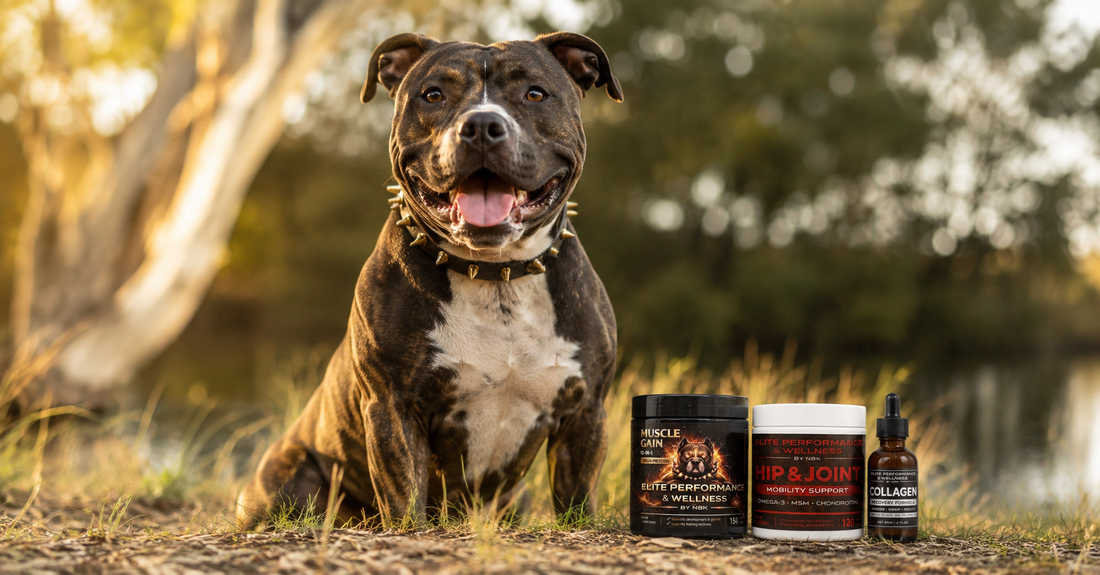 Healthy energetic dog outdoors next to dog supplements — best dog supplements Australia