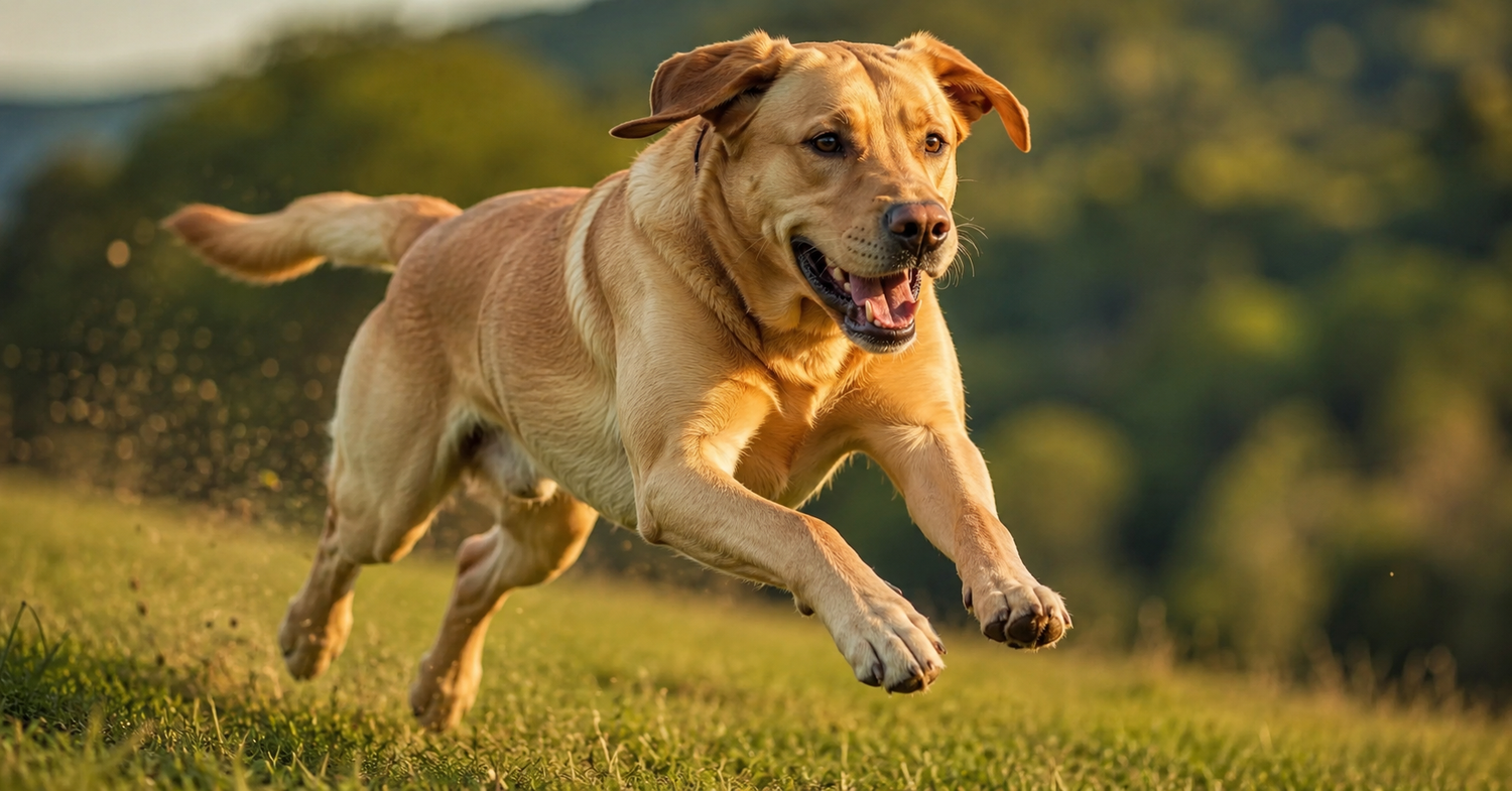 Athletic dog sprinting uphill on grass — how to build muscle in dogs through exercise