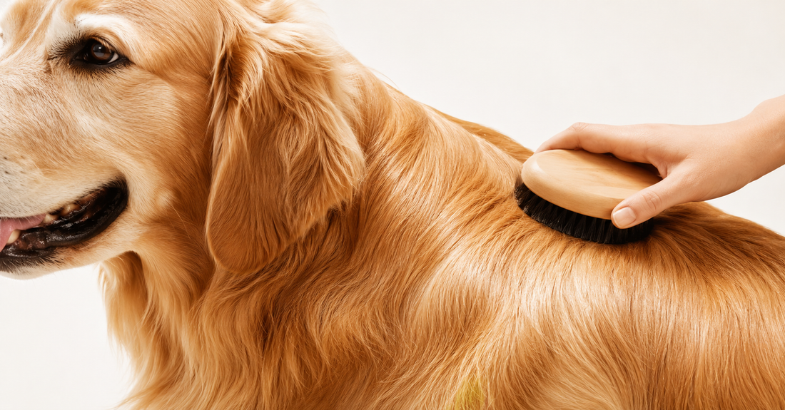 Dog with shiny healthy coat being groomed — collagen supplement benefits for dogs skin and coat