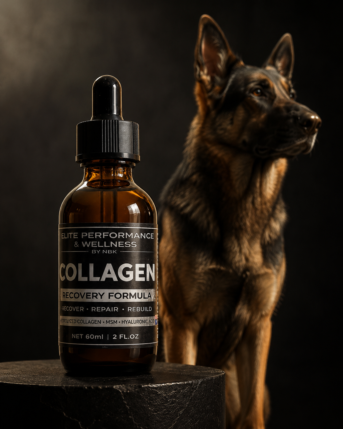 Dog collagen supplement label showing hydrolyzed collagen MSM and hyaluronic acid