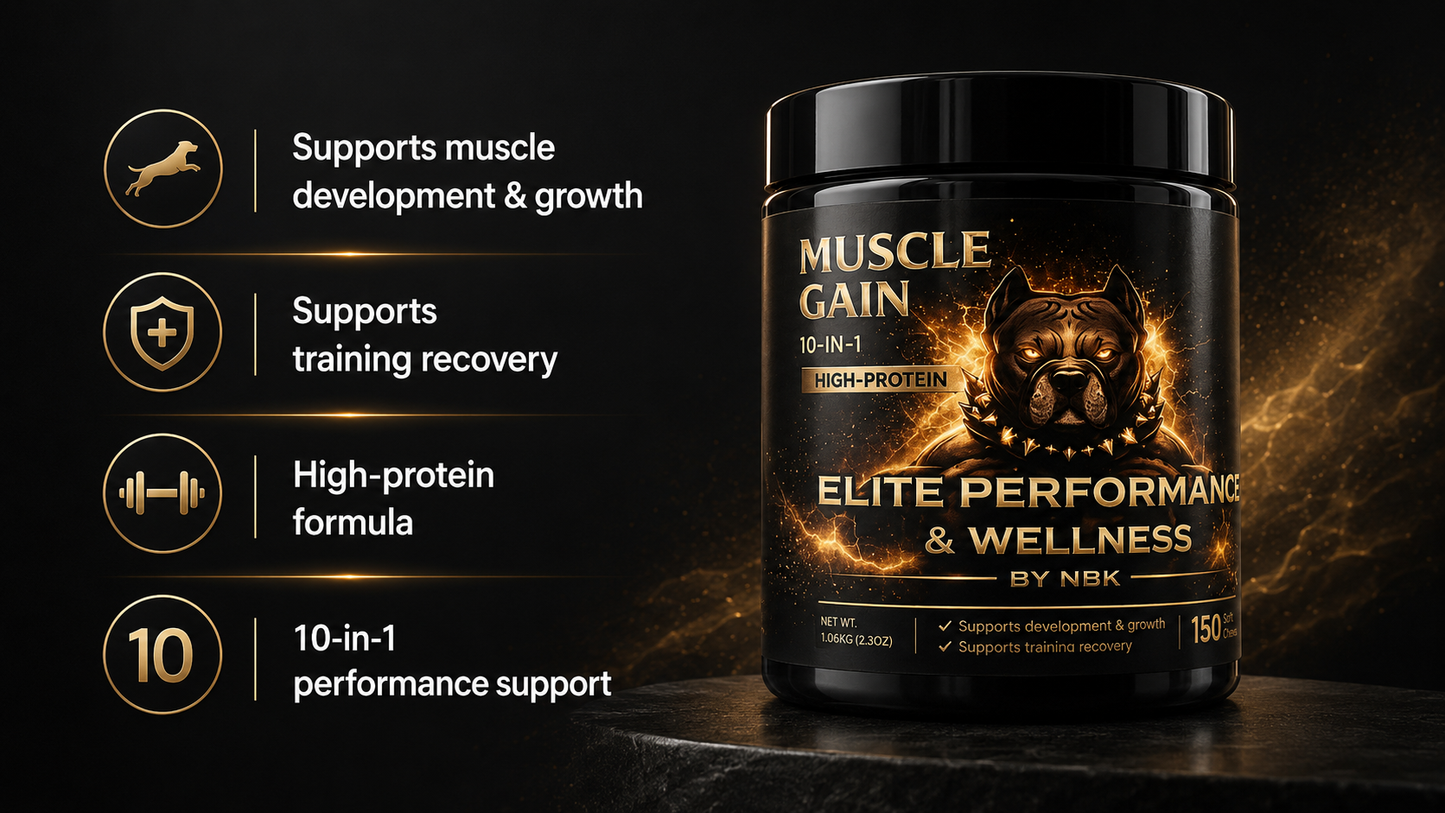 Active dog eating Muscle Gain protein soft chew supplement