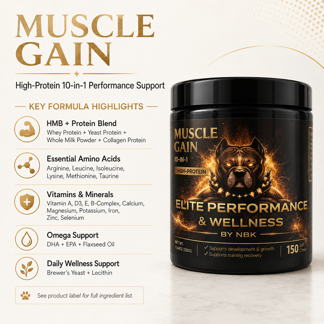 Muscular dog in training with Muscle Gain performance supplement