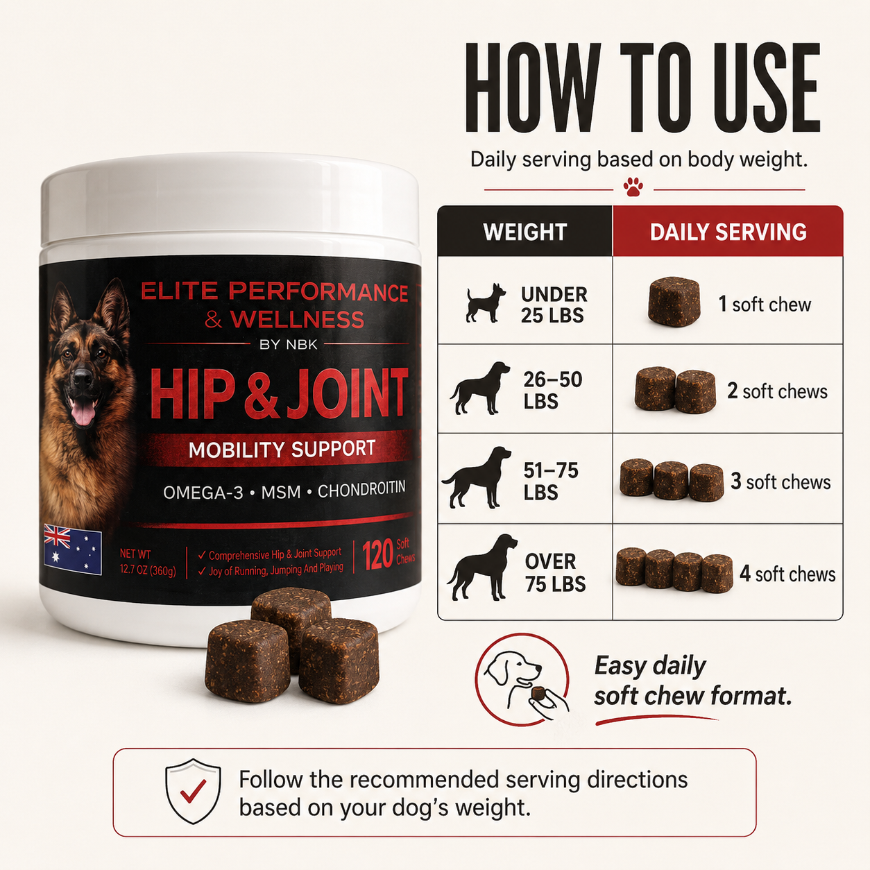 Senior dog comfortable and mobile with Hip & Joint daily supplement